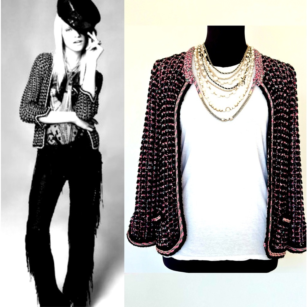 Chanel $3.3k Knit Black Pink Jacket Cardigan Chain Necklace Boucle Tweed Chic 38